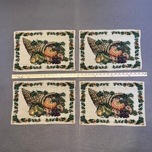 4 Fabric Thanksgiving Cornucopia Placemats White Greenery Imagery 16.75x11.5inch